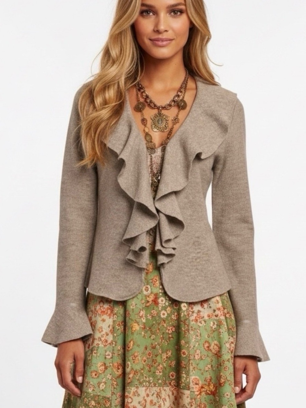VTG Susan Bristol 100% Wool Ruffle Cardigan Sz S Fairy Grunge Cottage Prairie